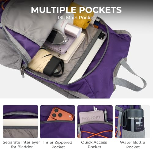 14L Small Hiking Backpack, Packable Travel Daypack for Men Women - color: Purple