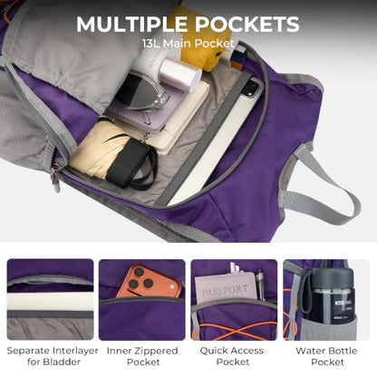 14L Small Hiking Backpack, Packable Travel Daypack for Men Women - color: Purple