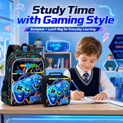 CCJPX 3Pcs Backpack for Boys, 16 Inch Preschool Elementary Kindergarten School Backpacks and Lunch Box - color: Aa2-game Grey