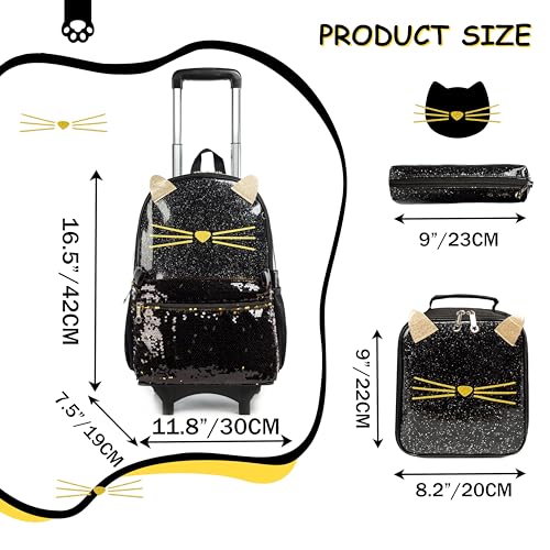 Meetbelify Girls Rolling Backpack Sequin Rolling Backpacks with Wheels for Girls for Elementary School Bag - color: Sequin Cat Black