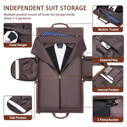 PU Leather Garment Bag, Convertible Garment Duffel Bag for Travel Mens Suit Bag 2 in 2 Waterproof Foldable Carry on Garment Bag with Shoulder Strap Weekender Bag with Shoe Pouch - color: PU-Brown