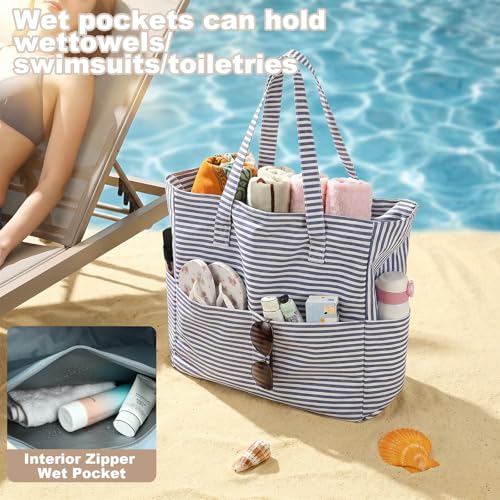 LEDAOU Large Beach Bag for Women, Waterproof Sandproof Tote Bag with Zipper - color: Navy Blue