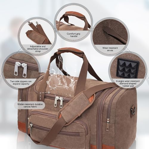 Men'S Duffle Bag For Travel, Expandable Canvas Duffel Bags Overnight Weekend Gym Carry On Luggage Bag For Men(Coffee) - color: Coffee