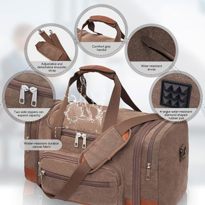 Men'S Duffle Bag For Travel, Expandable Canvas Duffel Bags Overnight Weekend Gym Carry On Luggage Bag For Men(Coffee) - color: Coffee