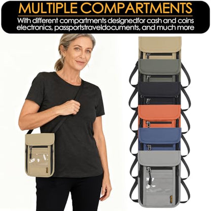 Travel Neck Wallet RFID Blocking – Hidden Passport Holder & Anti-Theft Money Pouch for Men & Women, Lightweight Concealed Undergarment Organizer with Adjustable Strap, Secure Document Holder - color: Khaki