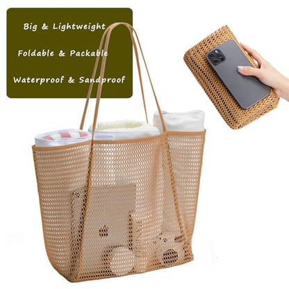 Large Beach Bags for Women, Mesh Beach Tote with Zipper, Foldable Pool Tote Bag Travel Beachbag Waterproof Sandproof - color: Khaki