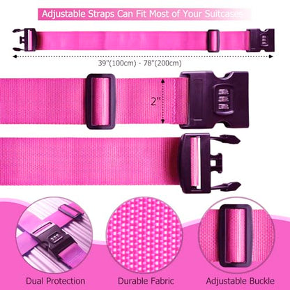 2 PCS Luggage Strap 78" x 2" Suitcase Belts Wide Adjustable Packing Straps Travel Accessories, Rose Pink & Combination Lock - color: 2pcs Rose Pink