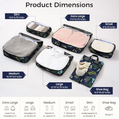 BAGAIL 4 Set/6 Set/8 Set Compression Packing Cubes Travel Accessories Expandable Packing Organizers (Half Mesh, 6-Navy Leaf) - color: 6-Navy Leaf, style: Half Mesh
