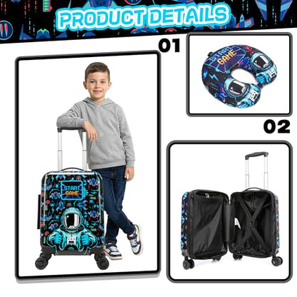 Kids Luggage Set Carry On Rolling Suitcase with U shaped Pillow Toddler Suitcase for Boys Travel Set Rocket Hardside Luggage with Spinner Wheels Airline Approved - color: 1 Astronaut