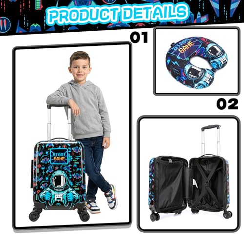 Kids Luggage Set Carry On Rolling Suitcase with U shaped Pillow Toddler Suitcase for Boys Travel Set Rocket Hardside Luggage with Spinner Wheels Airline Approved - color: 1 Astronaut