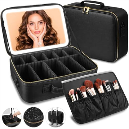 15“×11“Professional Makeup Train Case,Large Waterproof Travel Makeup bag with Mirror and Light, Leather Black Make up Bag with Mirror and Light,Led Makeup Case with Adjustable Dividers - color: Black, style: Non-removable