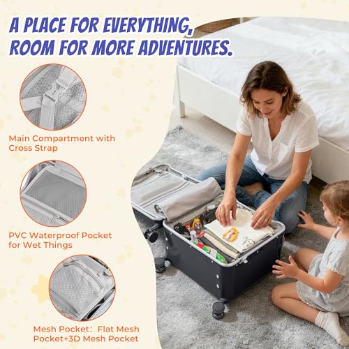 20" Ride-On Suitcase for Kids Lightweight Carry-On Luggage with Detachable Seat&Dual Telescoping Handles&360°Silent Spinner Wheels & TSA Lock - color: Grey