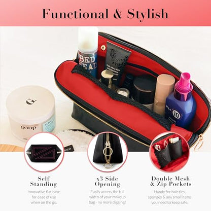 KUSSHI Washable Travel Makeup & Cosmetic Bag - Brush Organizer Sold Separately (Vacationer, Satin Black/Red) - color: Satin Black/Red, size: Vacationer (Large) Bag