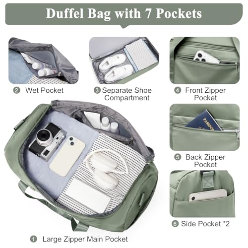 Travel Duffle Bag with Shoe Compartment, XL Weekender Bags for Women - color: B-Green with Toiletry Bag, size: Extra Large