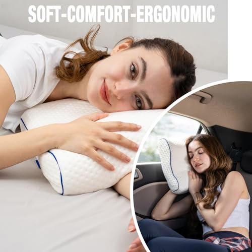 Travel & Camping Comfortable Memory Foam Pillow – Easy to Carry Portable Bag – Temperature Regulating Pillow Case - Perfect for Travelling (White Contour) - size: White Contour