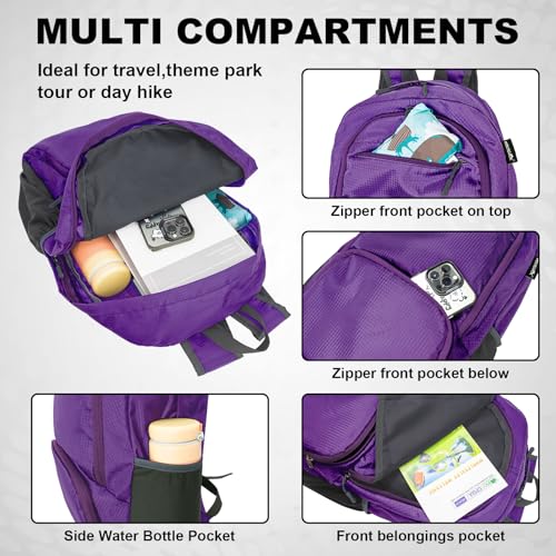 HOLYLUCK 20L lightweight packable Hiking Daypack Foldable Backpack for Men Women Small Travel Outdoor Foldable Shoulder Bag - color: Purple