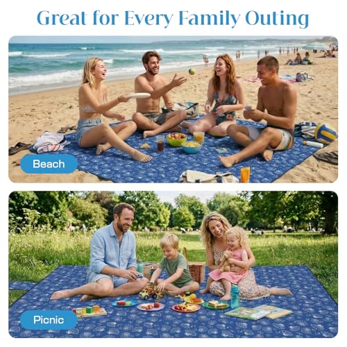 OIGAE Beach Blanket Waterproof Sandproof Oversized Beach Mat - color: Blue Sea Shells, size: 7x8 Ft (2～5 person)