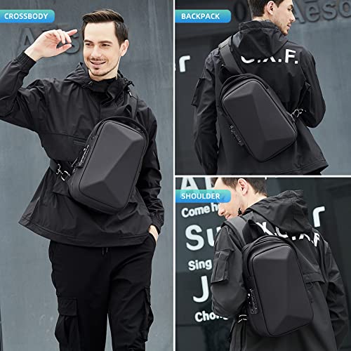 FENRUIEN Anti-Theft Crossbody Sling Backpack Bag for Men Hard Shell with USB, Shoulder Pack Lock Waterproof 10.2 inch Single Strap for Travel Hiking