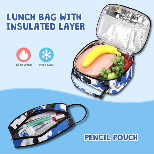 ACESAK 3PCS Camo Backpack for Boys with Lunch Box Pencil Case - color: Blue White