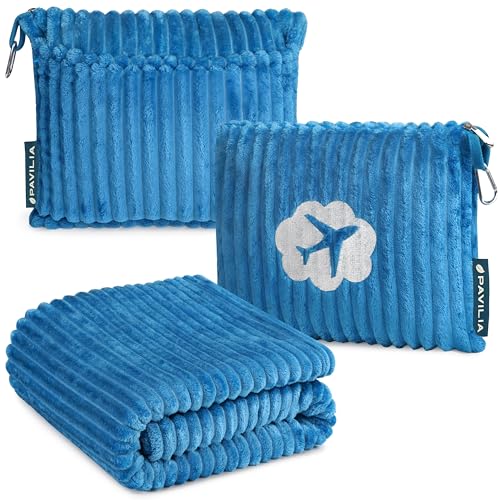 PAVILIA Travel Blanket and Pillow, Soft Ribbed Fleece Airplane, Teal Blue - color: Sea Blue