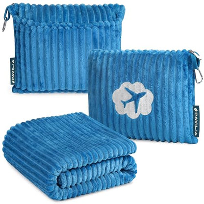 PAVILIA Travel Blanket and Pillow, Soft Ribbed Fleece Airplane, Teal Blue - color: Sea Blue