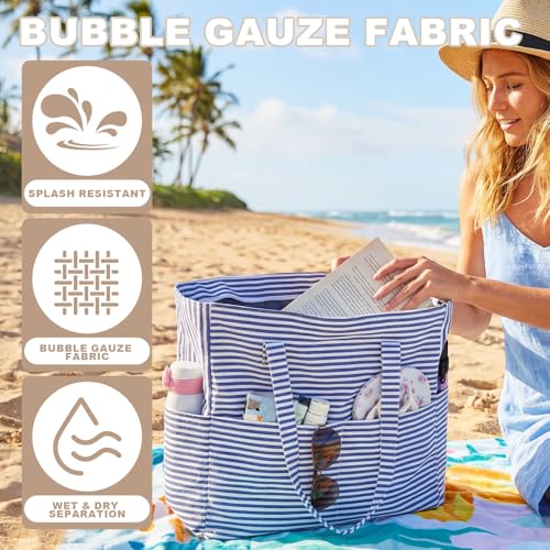 LEDAOU Large Beach Bag for Women, Waterproof Sandproof Tote Bag with Zipper - color: Navy Blue
