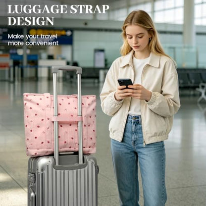 Large Canvas Tote Bag for Women, Beach Bag with Zipper, Utility Tote Bag with 3 Front Pockets, Weekender Pool Bag - color: Pink
