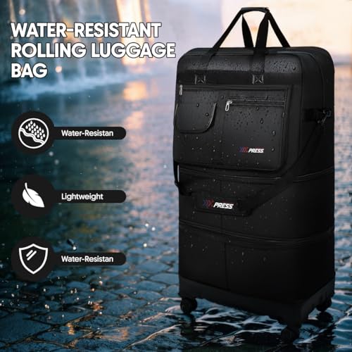 36" Expandable Rolling Duffel Bag w/Wheel,3-Layer Foldable - color: BLACK