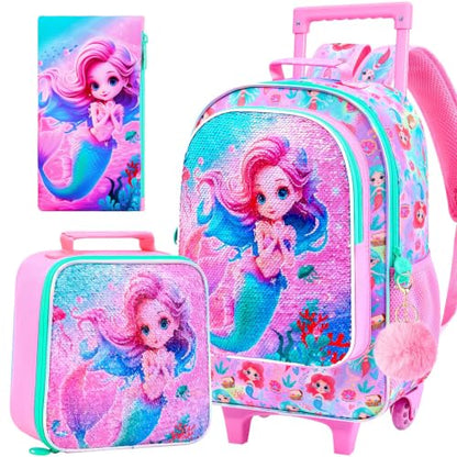 KLFVB Rolling Backpack for Girls Boys, Kids Roller Wheels School Bookbag with Lunch Bag, Wheeled School Bag for Children - color: Reversible Sequins Mermaid Rolling Backpack Set