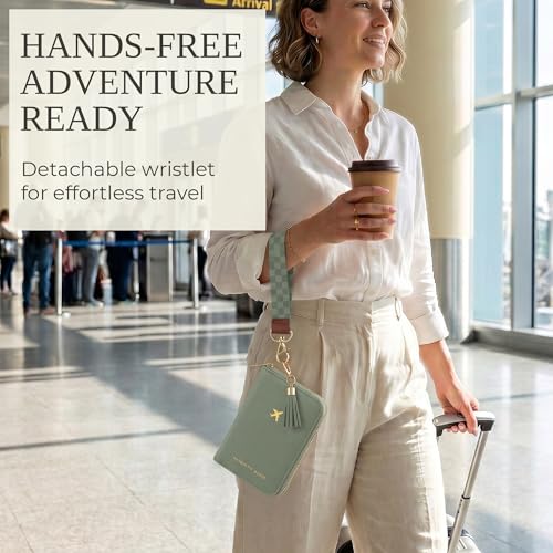 Beautiful Passport Holder And Travel Wallet with Wristlet Strap - color: Sage