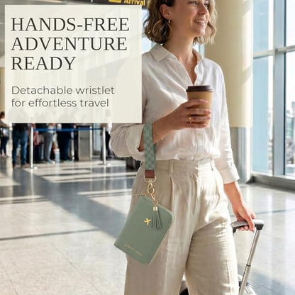 Beautiful Passport Holder And Travel Wallet with Wristlet Strap - color: Sage