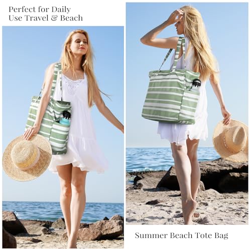 Trifabricy Beach Bags for Women, Waterproof Large Tote Bag With Zipper - color: Green