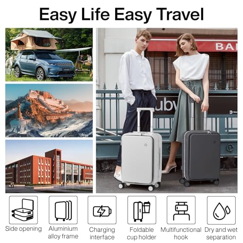mixi Checked Luggage with Cup Phone Holder and Charger Hard Shell Suitcases with Spinner Wheels, 24 Inch Smoke White - color: Smoke white, size: 24-inch