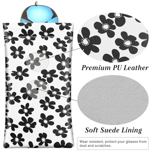 MoKo Squeeze Top Glasses Pouch, Portable Leather Soft Sunglasses Case Anti-Scratch Eyeglasses Bag Goggles Sleeve - color: Flowers Black & White, style: 2 Pack