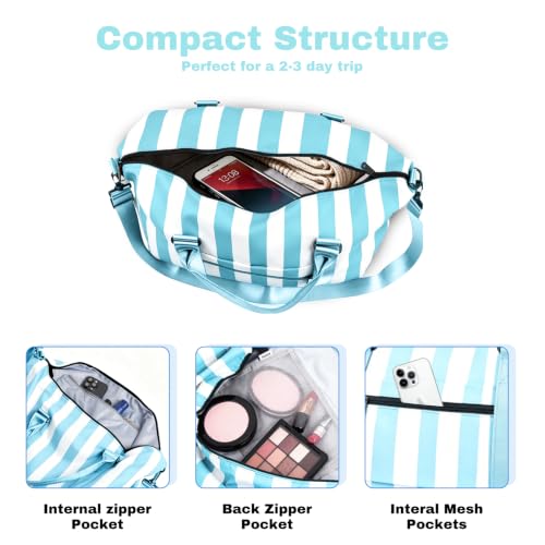 Travel Duffle Bag for Women, Carry On Weekender Tote with Trolley Sleeve - color: Blue White