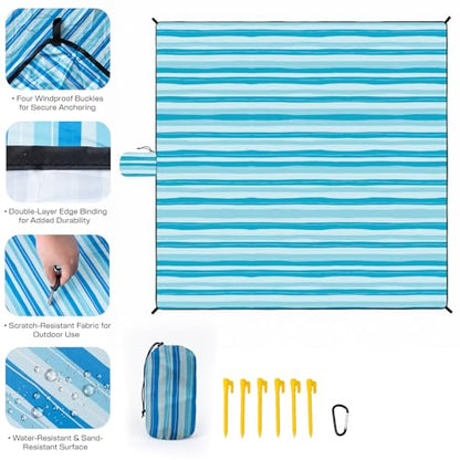OIGAE Beach Blanket Waterproof Sandproof Oversized Beach Mat - color: Blue Wave Stripes, size: 7x8 Ft (2～5 person)