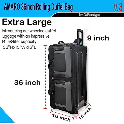 AMARO 36 Inch Rolling Duffle Bag with Wheels, Extra Large Heavy Duty Travel Duffel Luggage with Telescopic Handle, Multiple Pockets, Collapsible Storage, Black/Grey - size: X-Large