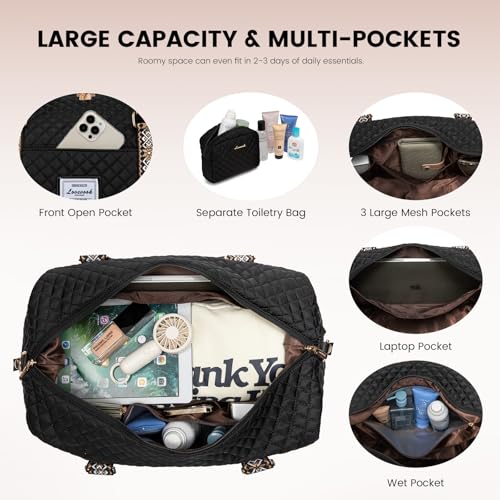 LOVEVOOK Travel Duffle Bag,Weekender Bags for Women with Shoe Compartment - color: Black-tape2, size: Large-2 Pcs