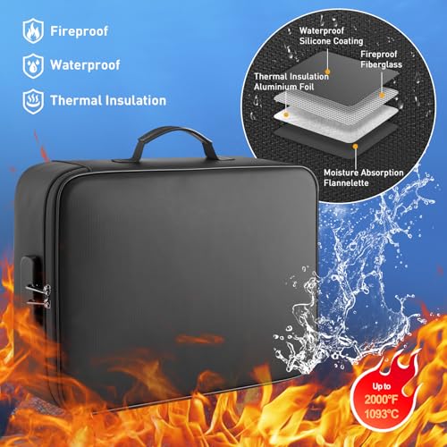 Fireproof Waterproof Document Bag with Lock for Important Files | Zipper Closure, Fits Laptop & Passport, Portable Travel Case, Secure Document Storage - size: 2000℉ Fireproof + 100% Waterproof Soft Bag