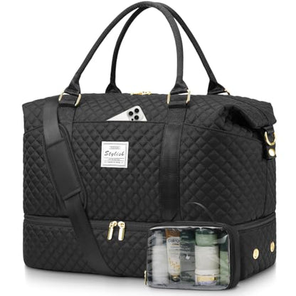 Weekender Travel Duffle Bag for Women: Overnight Bags with Shoe Compartment - color: 1-Black, size: Large