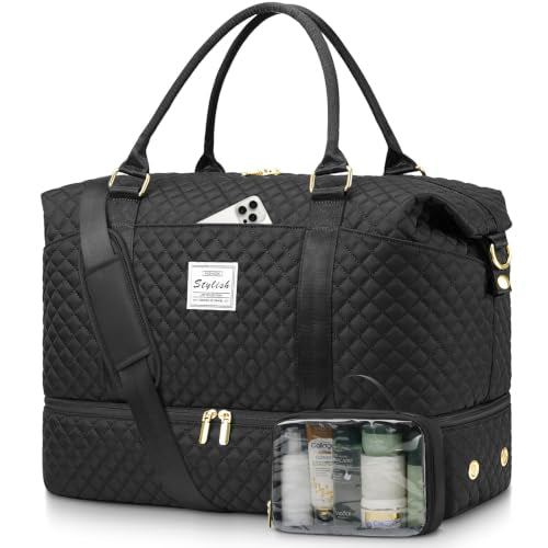 Weekender Travel Duffle Bag for Women: Overnight Bags with Shoe Compartment - color: 1-Black, size: Large