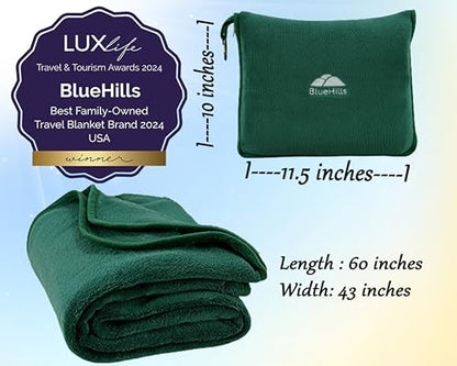 BlueHills Premium Soft Travel Blanket Pillow Flight Traveling - Dark Green - color: Green-1pk-t010