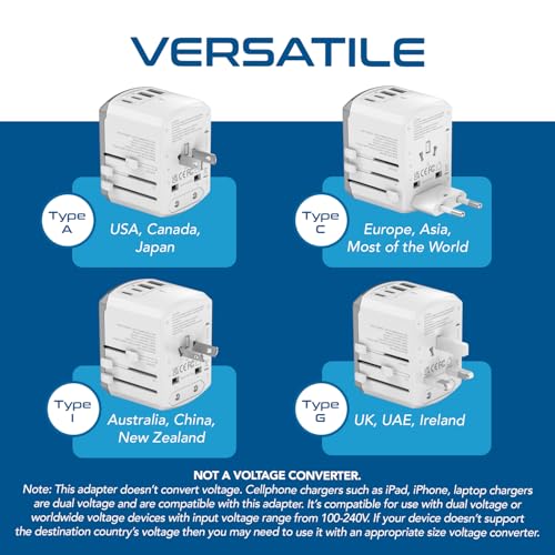 Ceptics 5 in 1 Travel Adapter Worldwide, Universal Socket, 2 USB-A + USB-C - color: White/Silk