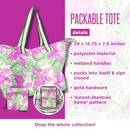 Lilly Pulitzer Large Packable Tote, Reusable Grocery Bag that Packs Into Itself, Tote with Shoulder Strap and Zipper