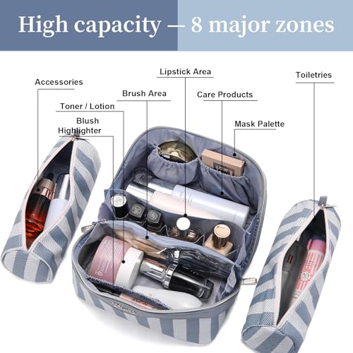 BOYATU Travel Makeup Bag for Women: 3 Pcs Set Striped Make up Bag,Blue - color: A-1-Blue