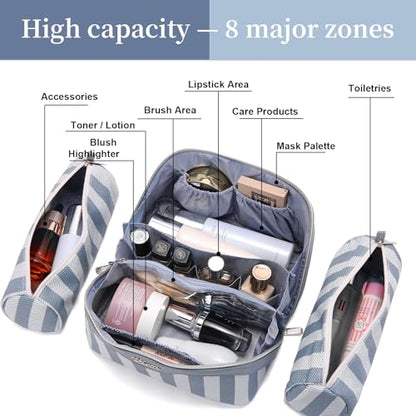 BOYATU Travel Makeup Bag for Women: 3 Pcs Set Striped Make up Bag,Blue - color: A-1-Blue