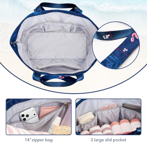 KALIDI 60L Extra Large Beach Tote Oversized Bag Zipper Utility Weekender - color: Blue Flamingo