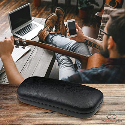 MyEyeglassCase Women's Hard Eyeglass Case | Protective Hard Shell Glasses Case with Pouch and Cloth - color: Black Distressed