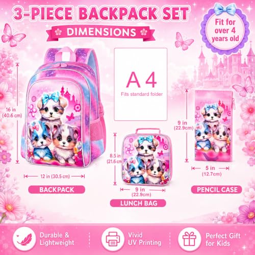 gxtvo 3PCS Girls Dog Bookbag, 16" Kids Backpackwith Lunch Box, Water Resistant School Bag for Elementary Preschool Toddler - color: Uv Printing Dog Backpack