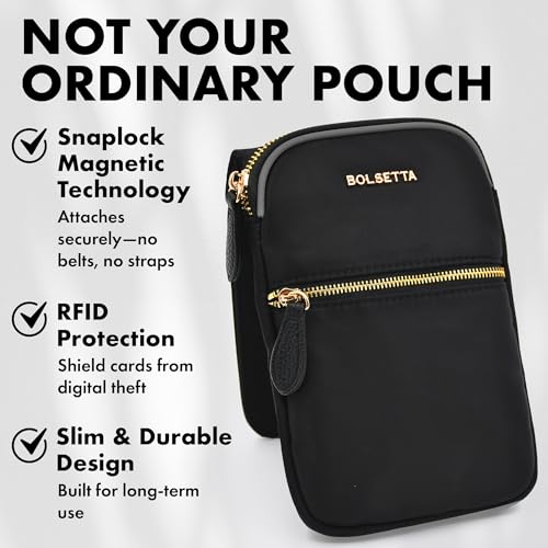 Magnetic Hip Pouch - RFID Blocking Pouch and Key Fob Protector - Zippered Pocket, Magnetic Snaplock Attachment - Lightweight Travel Wallet, Hip Bag for Concerts and Daily Errands - Black - color: Black